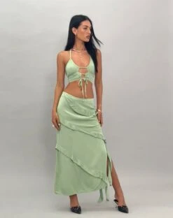 Varena Low Rise Ruffle Maxi Skirt In Mint Sage -Outlet Modi Vora Store KOEN TOP AND VARENA RUFFLE MAXI SKIRT MINT SAGE 11