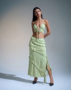 Varena Low Rise Ruffle Maxi Skirt In Mint Sage -Outlet Modi Vora Store KOEN TOP AND VARENA RUFFLE MAXI SKIRT MINT SAGE 2