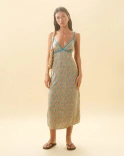 Lalu Midi Dress In Bohemian Batik Blue Brown -Outlet Modi Vora Store LALU DRESS BOHEMIAN BATIK BLUE BROWN 47988