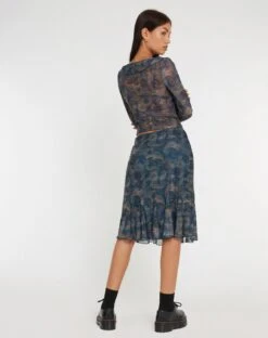 Latrix Mesh Midi Skirt In Tonal Blue Paisley -Outlet Modi Vora Store LATRIX SKIRT MESH TONAL BLUE PAISLEY 134613