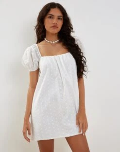 Leyona Broderie Mini Dress In White -Outlet Modi Vora Store LEYONA BRODERIE BABYDOLL DRESS WHITE 2194 82