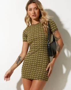 Lilith Mini Dress In Chevron Green