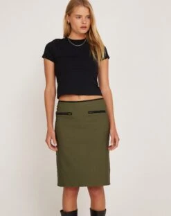 Pandu Midi Skirt In Tailoring Army Green -Outlet Modi Vora Store LIVIA JACKET PANDU SKIRT ARMY GREEN 173647 173660