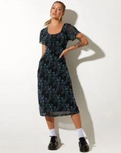 Lorani Midi Dress In Butterfly Vine Flock Blue -Outlet Modi Vora Store LORANI DRESS BUTTERFLY VINE FLOCK 58823