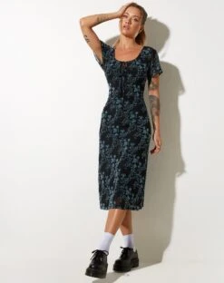 Lorani Midi Dress In Butterfly Vine Flock Blue