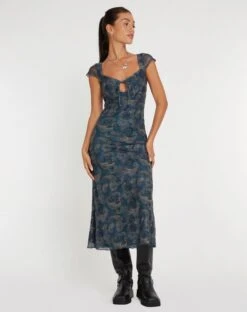 Lunama Mesh Midi Dress In Tonal Blue Paisley -Outlet Modi Vora Store LUNAMA DRESS MESH TONAL BLUE PAISLEY 135244