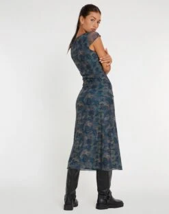 Lunama Mesh Midi Dress In Tonal Blue Paisley -Outlet Modi Vora Store LUNAMA DRESS MESH TONAL BLUE PAISLEY 135248