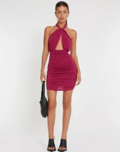 Marbella Halterneck Mini Dress In Magenta Purple -Outlet Modi Vora Store MARBELLA DRESS SLINKY CREPE MAGENTA PURPLE 135017