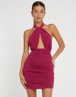 Marbella Halterneck Mini Dress In Magenta Purple -Outlet Modi Vora Store MARBELLA DRESS SLINKY CREPE MAGENTA PURPLE 135036