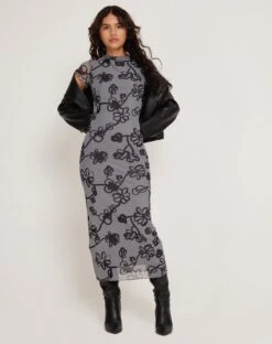 Maruza Midi Dress In Mesh Doodle Flower Grey -Outlet Modi Vora Store MARUZA DRESS MESH DOODLE FLOWER 171003