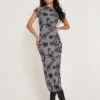 Maruza Midi Dress In Mesh Doodle Flower Grey
