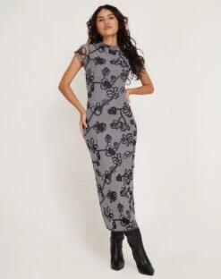Maruza Midi Dress In Mesh Doodle Flower Grey