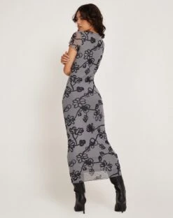 Maruza Midi Dress In Mesh Doodle Flower Grey -Outlet Modi Vora Store MARUZA DRESS MESH DOODLE FLOWER 171016