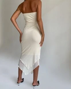 Marve Bandeau Maxi Dress In Mesh Cream -Outlet Modi Vora Store MARVE BANDEAU DRESS MESH CREAM 10