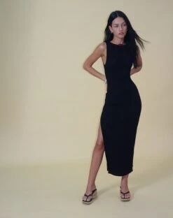 Minyo Racer Neck Maxi Dress In Crinkle Black -Outlet Modi Vora Store MINYO MAXI DRESS BLACK CRINKLE 9