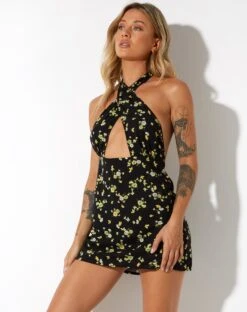 Moura Cutout Dress In Lemon And Lime Black -Outlet Modi Vora Store MOURA DRESS LEMON AND LIME 79166