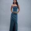 Zaenap Frayed Denim Maxi Skirt In Brown Blue Acid