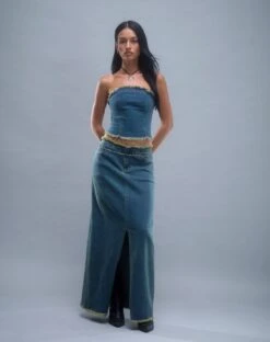 Zaenap Frayed Denim Maxi Skirt In Brown Blue Acid