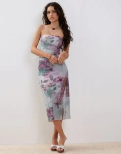 Nehwa Bandeau Mesh Midi Dress In Abstract Scrapbook -Outlet Modi Vora Store NEHWA DRESS ABSTRACT SCRAPBOOK1187643