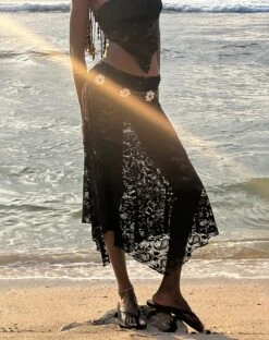 Vana Waterfall Hem Lace Midi Skirt In Jet Black -Outlet Modi Vora Store NIRVA BANDANA TOP VANA MIDI SKIRT LACE JET BLACK 18