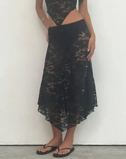 Vana Waterfall Hem Lace Midi Skirt In Jet Black -Outlet Modi Vora Store NIRVA BANDANA TOP VANA MIDI SKIRT LACE JET BLACK 20