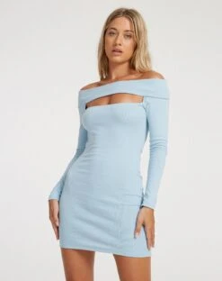 Niwaya Long Sleeve Mini Dress In Rib Powder Blue