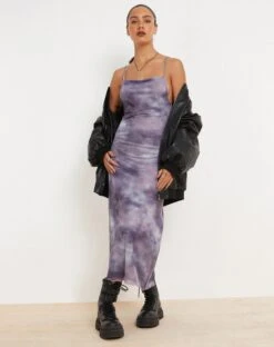 Norishi Printed Mesh Midi Dress In Smokey Gradients Purple -Outlet Modi Vora Store NORISHI DRESS SMOKEY GRADIENTS PURPLE 22137533