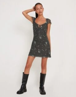 Noura Mesh Mini Dress In Floral Khaki Silhouette -Outlet Modi Vora Store NOURA DRESS TRULA SKIRT KHAKI SKETCHY SILHOUETTE FLORAL 180590