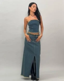 Zaenap Frayed Denim Maxi Skirt In Brown Blue Acid -Outlet Modi Vora Store OMAS BANDEAU TOP BROWN BLUE ACID WASH ZAENAP SKIRT DENIM BROWN BLUE ACID WASH 7 9d113851 04a6 4e1c 95cf b5d5a5c163a8
