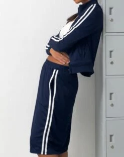 Kaizen Midi Skirt In Navy With White Double Stripe -Outlet Modi Vora Store ORION SWEAT NAVY WHITE M RIBBON EMB KAIZEN SKIRT NAVY WHITE M RIBBON EMB 9