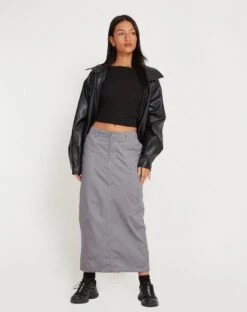 Reese Cargo Midi Skirt In Charcoal Grey With White Stitch
