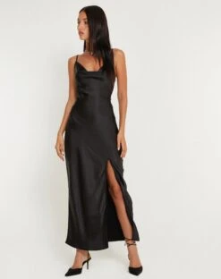 Padilla Maxi Dress In Satin Black -Outlet Modi Vora Store PADILLA DRESS SATIN BLACK 161020