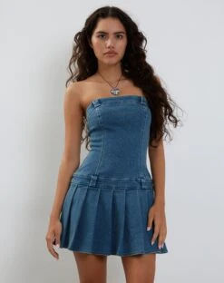 Pajaya Denim Bandeau Mini Dress In Blue Wash -Outlet Modi Vora Store PAJAYA DRESS BLUE WASH 206607