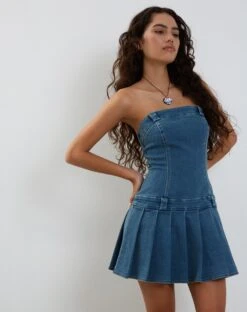 Pajaya Denim Bandeau Mini Dress In Blue Wash -Outlet Modi Vora Store PAJAYA DRESS BLUE WASH 206608