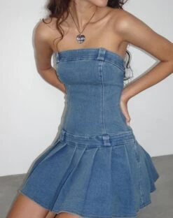 Pajaya Denim Bandeau Mini Dress In Blue Wash