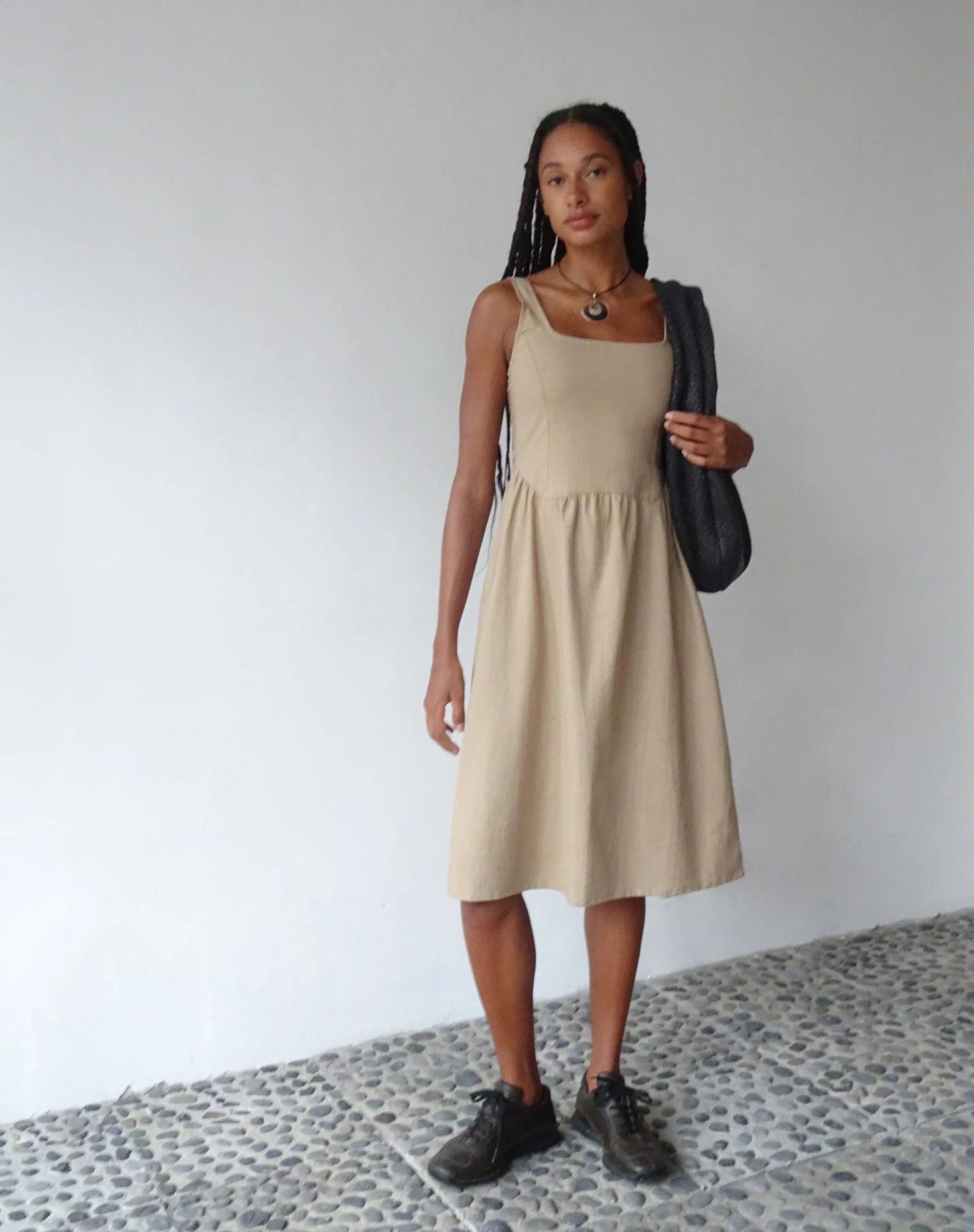 MOTEL X JACQUIE Pelove Drop Waist Midi Dress In Light Taupe 5 MOTEL X JACQUIE Pelove Drop Waist Midi Dress In Light Taupe - Image 5