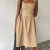 MOTEL X JACQUIE Pelove Drop Waist Midi Dress In Light Taupe