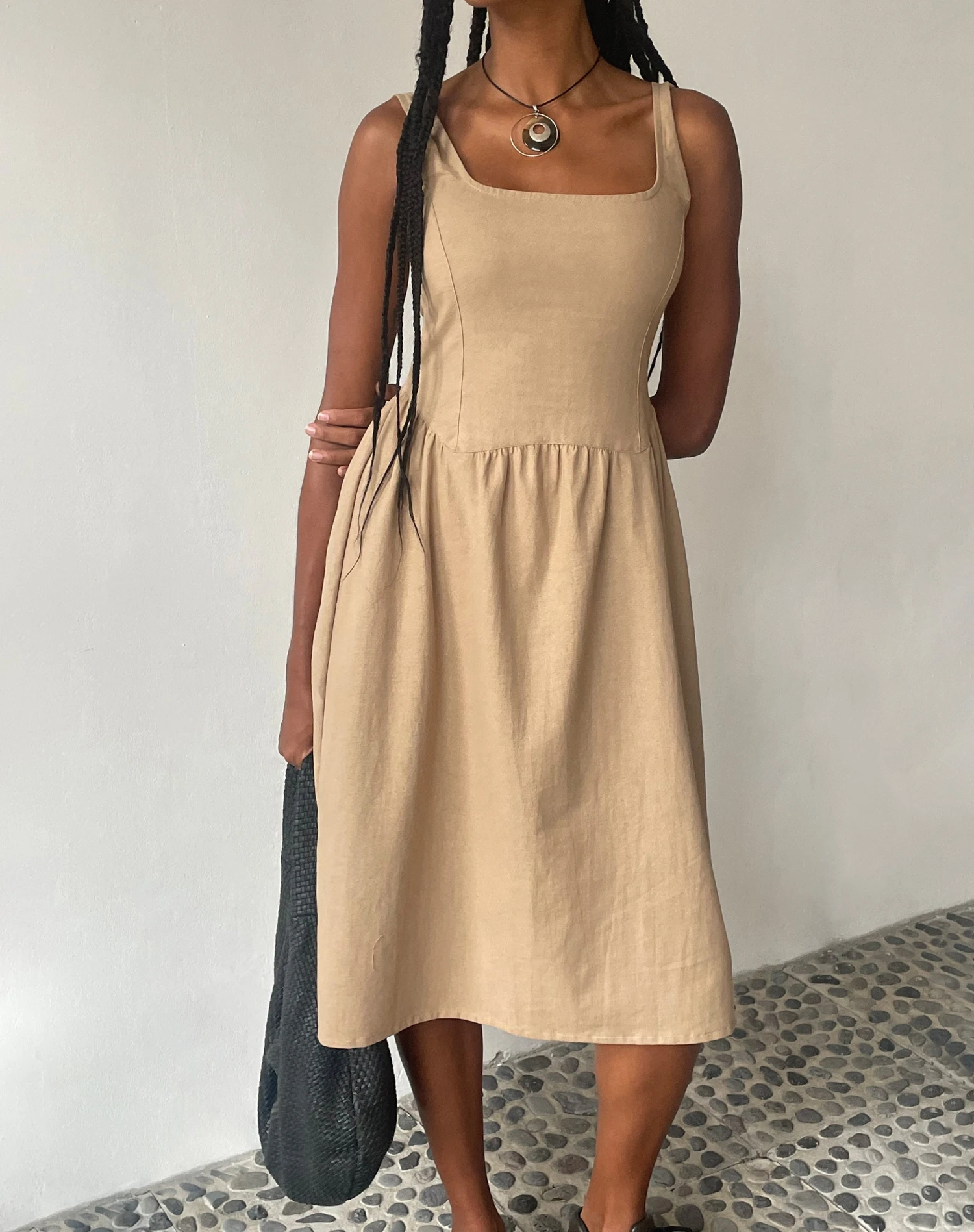 MOTEL X JACQUIE Pelove Drop Waist Midi Dress In Light Taupe 1 MOTEL X JACQUIE Pelove Drop Waist Midi Dress In Light Taupe