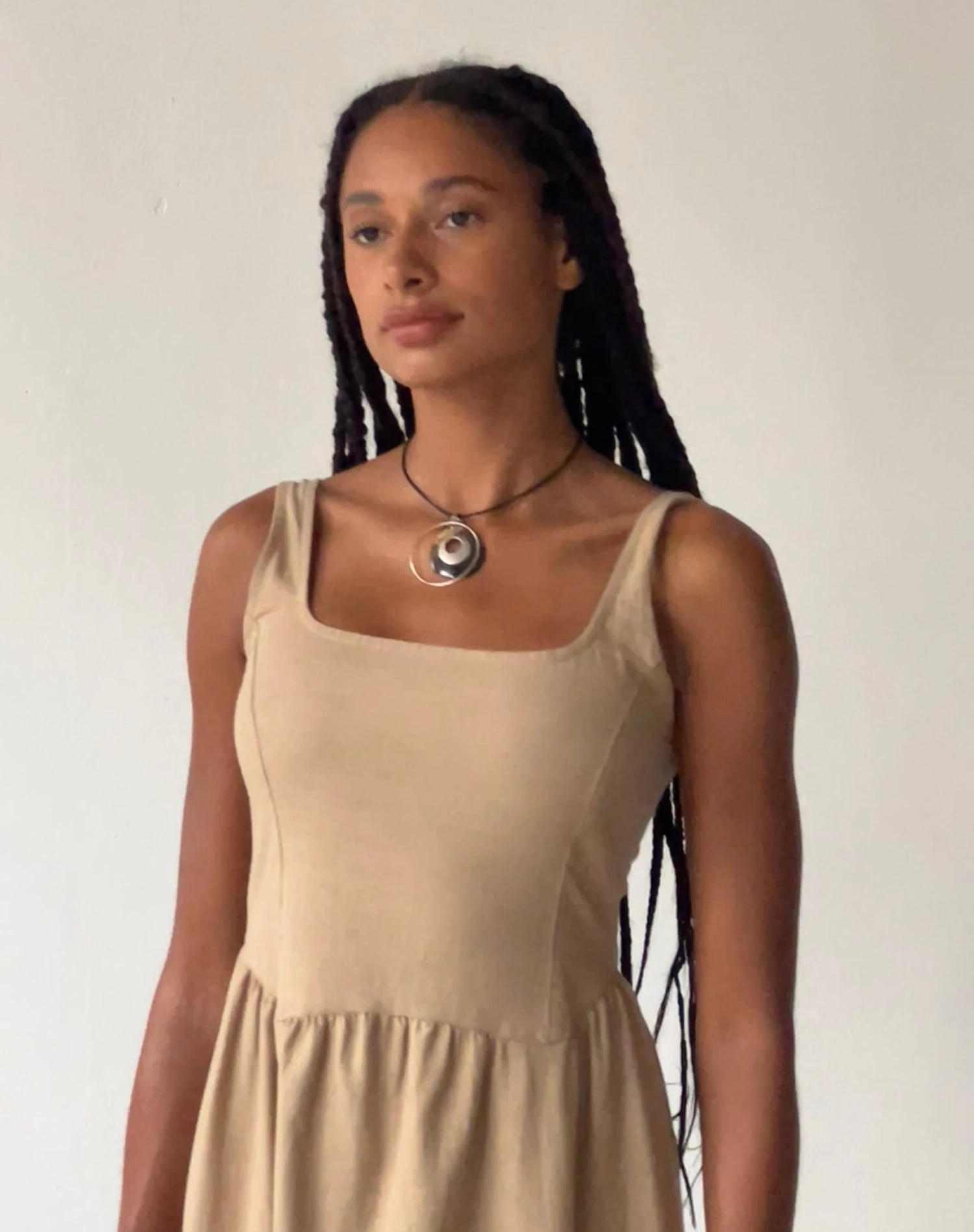 MOTEL X JACQUIE Pelove Drop Waist Midi Dress In Light Taupe 3 MOTEL X JACQUIE Pelove Drop Waist Midi Dress In Light Taupe - Image 3