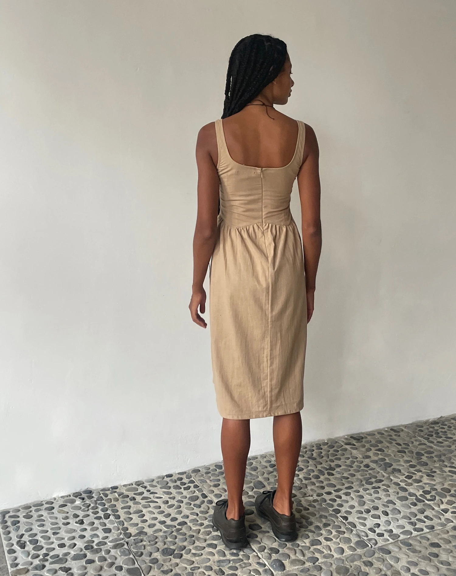 MOTEL X JACQUIE Pelove Drop Waist Midi Dress In Light Taupe 4 MOTEL X JACQUIE Pelove Drop Waist Midi Dress In Light Taupe - Image 4