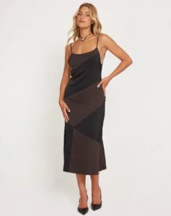 Perlita Midi Dress In Two Tone Black Satin