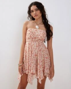 Raftar Frill Chiffon Mini Dress In Peach Cherry Blossom -Outlet Modi Vora Store RAFTAR DRESS PEACH CHERRY BLOSSOM187978