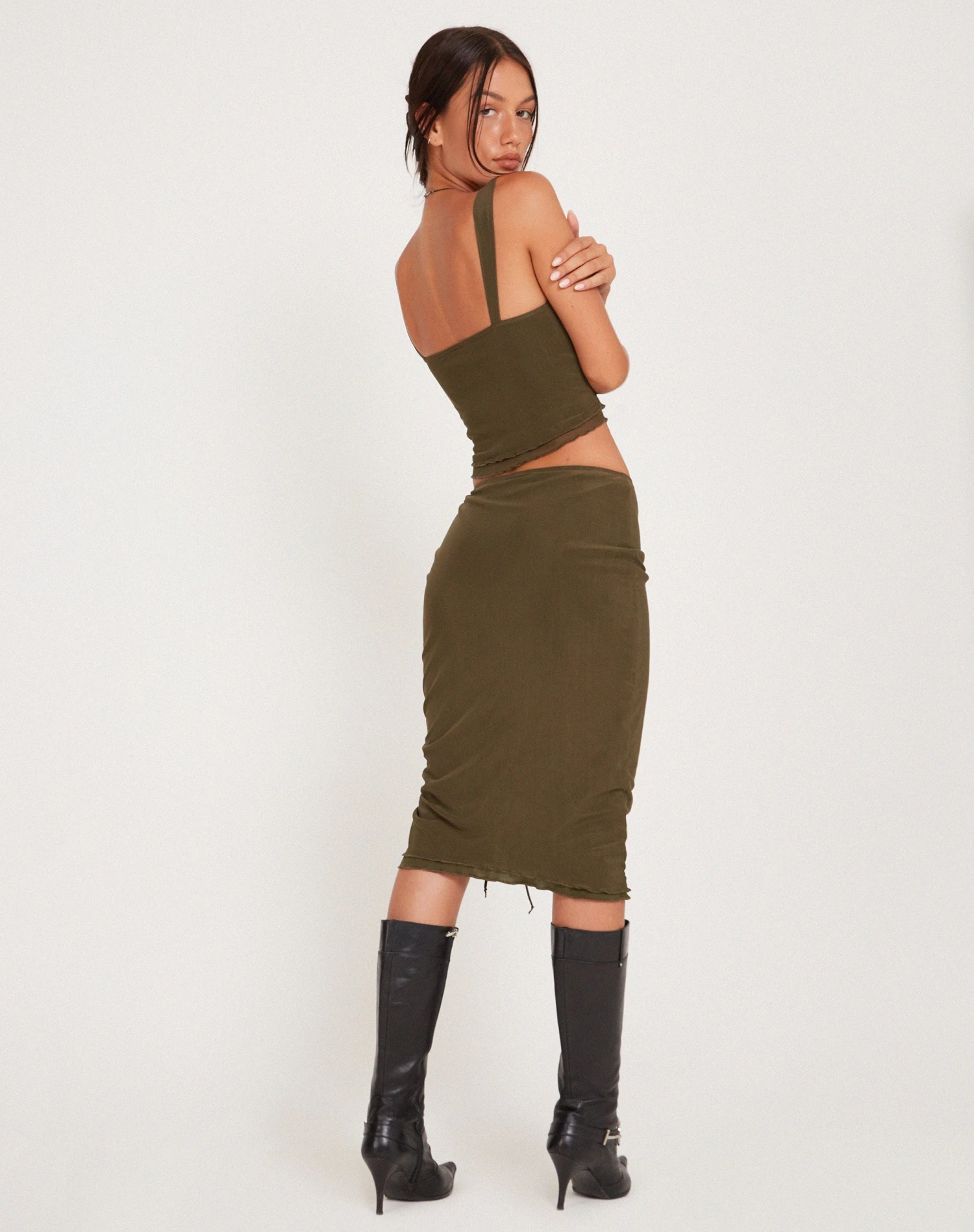 Tya Midi Skirt In Mesh Dark Olive 2 Tya Midi Skirt In Mesh Dark Olive - Image 2