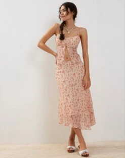 Rans Waterfall Hem Chiffon Midi Skirt In Peach Cherry Blossom -Outlet Modi Vora Store RANS SKIRT PEACH CHERRY BLOSSOM189819
