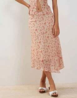Rans Waterfall Hem Chiffon Midi Skirt In Peach Cherry Blossom