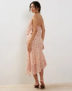 Rans Waterfall Hem Chiffon Midi Skirt In Peach Cherry Blossom -Outlet Modi Vora Store RANS SKIRT PEACH CHERRY BLOSSOM189829