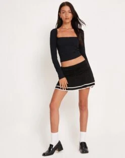 Ranta Mini Skirt In Black With Ivory Binding -Outlet Modi Vora Store RANTA MINI SKIRT SLINKY BLK W IVORY BIND HEM181288