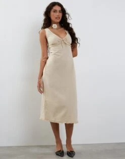 Antari Midi Dress In Ecru Linen -Outlet Modi Vora Store RESHOOT ANTARI DRESS ECRU 210998