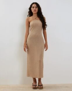 Emersyn Waffle Knit Halterneck Midi Dress In Oat -Outlet Modi Vora Store RESHOOT PEYTON TOP 3D WAFFLE KNIT OAT 2064982
