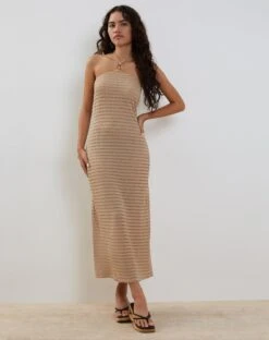 Emersyn Waffle Knit Halterneck Midi Dress In Oat